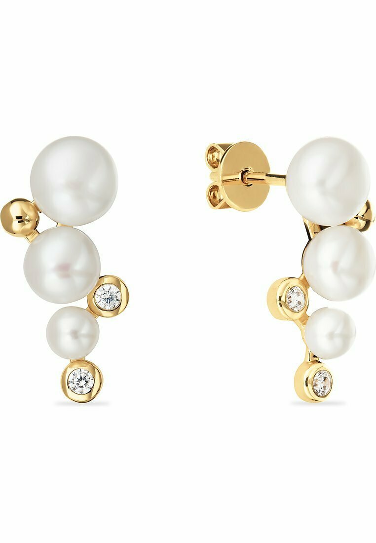 Orecchini in oro con molteplici perle bianche e piccoli cristalli trasparenti, disposti in un design sfalsato con una finitura lucida.