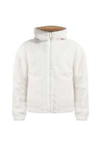 Chaqueta de forro polar blanca con capucha, cremallera completa y dos bolsillos frontales. Presenta una superficie texturizada y un forro interior suave.