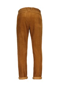 Pantalons en velours côtelé marron, avec une coupe droite, des ourlets retroussés, deux poches arrière, et une texture ribbée subtile.