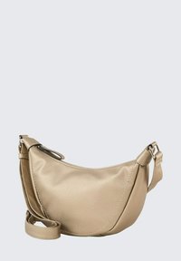 Borsa a spalla in finta pelle oro metallico con forma curvata, tracolla regolabile e superficie texture. Presenta una chiusura con zip e hardware argentato.