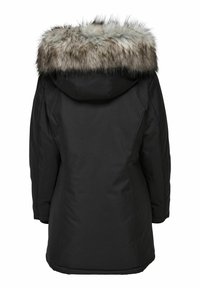 Parka d'hiver noir à manches longues et capuche avec bordure en fausse fourrure grise et blanche, vue de dos.