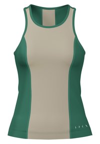 Hihaton urheilupaita, jossa on beige etupaneeli ja vihreät sivupaneelit sekä reunukset, pieni valkoinen logo vasemmassa alareunassa.