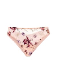 Parte inferiore del bikini floreale con una base pesca, decorazioni floreali ricamate in tonalità di rosso, viola e rosa, con una texture liscia e una copertura moderata.