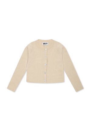 Cardigan beige à côtes avec de longues manches, col rond et cinq boutons brillants sur le devant. Fabriqué en tissu doux pour le confort.