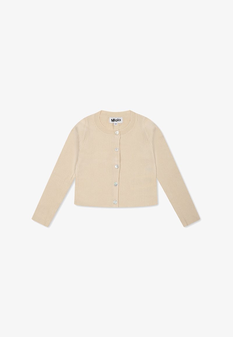 Cardigan beige à côtes avec de longues manches, col rond et cinq boutons brillants sur le devant. Fabriqué en tissu doux pour le confort.