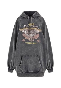 Sweat à capuche vintage gris foncé avec poche avant, cordons de serrage et texte graphique indiquant "Los Angeles", des ailes, des roses, et "Passion, Drive, Freedom".