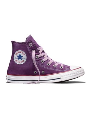 Lila High-Top Converse All Star Sneaker mit weißer Gummisohle, rosa Schnürsenkeln und Logo-Patch am Knöchel, im Seitenprofil dargestellt.