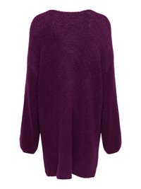 Oversized purple knit sweater with a round neckline, dropped shoulders, and ribbed cuffs. Textured fabric offers a cozy appearance.