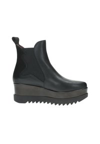 Stivaletti neri in pelle con pannelli elastici ai lati, suola a zeppa con piattaforma, bordo a zigzag, superficie liscia e linguetta sul retro.