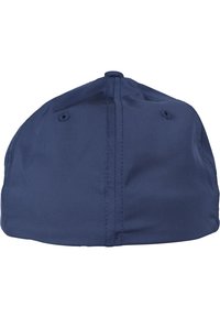 Cappello blu navy con corona arrotondata, tessuto liscio e dettagli cuciti nella parte superiore con due fori di ventilazione.