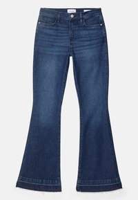 Jeans a zampa d'elefante blu scuro con orlo sfrangiato, design a cinque tasche e leggera scoloritura. Realizzati in tessuto denim con una texture liscia.