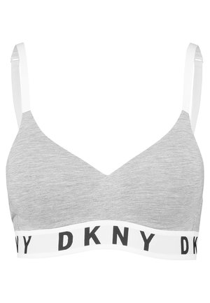 Sivi tkaninski bralette s V-izrezom, bijelim podesivim trakama i kontrastnim bijelim pojasom na kojem je crnim slovima ispisano "DKNY".