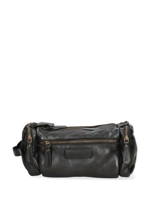 Borsa in pelle nera con più scomparti con zip, forma arrotondata e dettagli in ecopelle. Presenta una finitura testurizzata e hardware in tonalità oro.