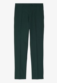 Dunkelgrüne Hose mit maßgeschneidertem Schnitt, ausgestattet mit Fronttaschen und einer glatten Textur. Das Design beinhaltet dezente Steppdetails.