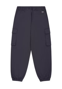 Marine cargobroek met elastische tailleband en boorden, voorzien van twee zijzakken en een achterzak, gemaakt van lichte stof.