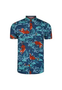 Camisa de manga corta azul con patrones de tigres naranjas y vegetación verde. Confeccionada en tela ligera y con cuello abotonado.
