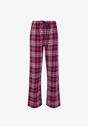 Pidżamowe spodnie w kratę, wykonane z miękkiej tkaniny w kolorze burgundowym i białym, z elastycznym pasem na sznurku oraz luźnym krojem.