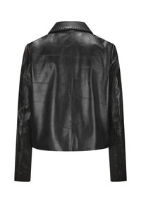 Schwarze Lederjacke mit glatter Oberfläche, langen Ärmeln und klassischem Kragen. Mit einem cropped Design und minimalistischen Nähten.