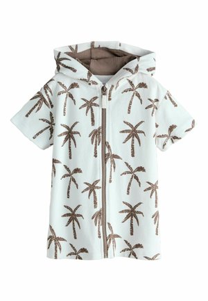 Biały krótki ręcznik z kapturem i krótkimi rękawami, ozdobiony nadrukami brązowych palm, zapinany na zamek błyskawiczny z przodu.