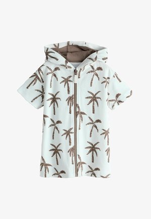 Biały krótki ręcznik z kapturem i krótkimi rękawami, ozdobiony nadrukami brązowych palm, zapinany na zamek błyskawiczny z przodu.