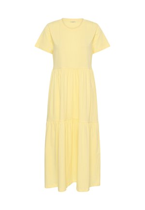 Light yellow short-sleeve midi dress with crew neck and tiered gathered skirt, made of soft, flowy fabric.
