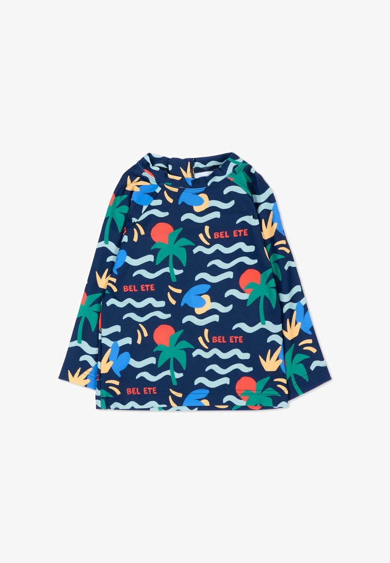 Granatowa koszula z długim rękawem z kolorowym wzorem palm, fal, słońc i napisu „BEL ETE”.
