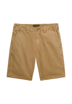 Pantalones cortos casuales beige con botón y cremallera delanteros, trabillas para el cinturón y bolsillos diagonales en los lados.