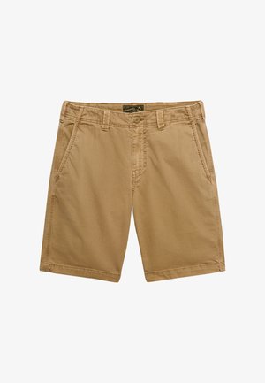 Beige afslappede shorts med frontknap og lynlås, bæltestropper og diagonale sidelommer.