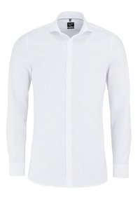 Witte blouse met lange mouwen, gemaakt van gladde stof. Voorzien van een klassieke kraag, knoopsluiting en knoopmanchetten. Eenvoudig ontwerp.