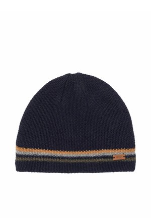 Gorro de punto azul marino con finas rayas horizontales en mostaza, gris y oliva cerca de la base y una pequeña etiqueta marrón.