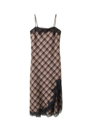 Robe à carreaux sans manches avec fines bretelles, motif marron et beige, ornée d'une bordure en dentelle noire le long de l'encolure et de l'ourlet avec une fente latérale.