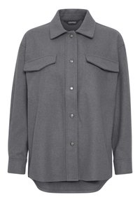 Szara koszula zapinana na guziki, wykonana z tkaniny przypominającej wełnę, z dwoma kieszeniami na piersi, spiczastym kołnierzem oraz srebrnymi zatrzaskami. Długie rękawy.
