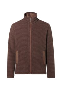 Giacca in fleece marrone con un motivo testurizzato, zip frontale completa, colletto alto e due tasche laterali con dettagli a contrasto marrone.