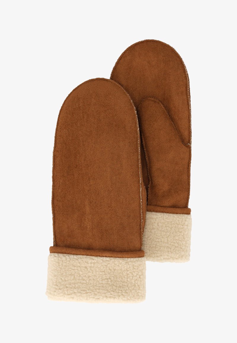 Bruine suède wanten met een zachte crèmegekleurde fleece rand. Heeft een afgeronde vorm en een gladde textuur. Ideaal voor warmte bij koud weer.