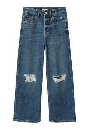 Jean en denim bleu droit avec des trous usés sur les deux genoux, fermeture frontale par bouton et fermeture éclair, et design à cinq poches.