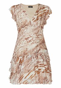 Vestido corto de manga corta en marrón y beige con estampado de serpiente, escote en V, dobladillo con volantes y falda en capas.