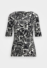 Top floreale in bianco e nero con scollatura a barca, maniche a tre quarti e design aderente. Tessuto dalla texture liscia.