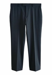 Dark blue, tailored trousers with a flat front, side pockets, and a single button closure. Made from a smooth, textured fabric.