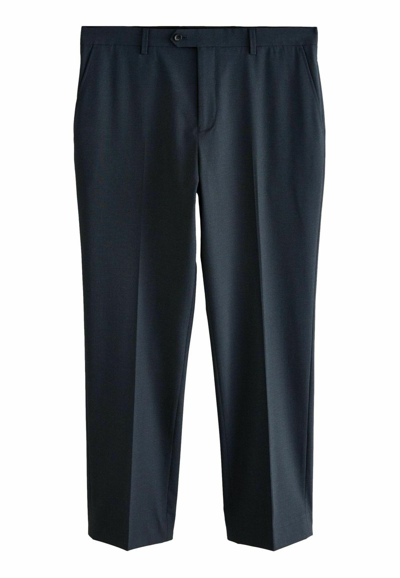 Dark blue, tailored trousers with a flat front, side pockets, and a single button closure. Made from a smooth, textured fabric.