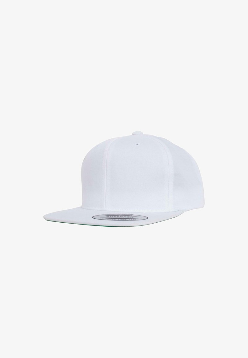 White snapback cap with a flat brim, structured design, subtle texture, and a round plastic snap closure at the back.