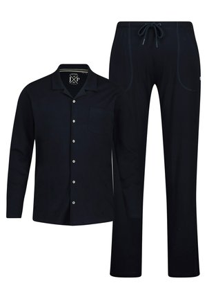 Navy blue pajama set featuring a long-sleeve button-up shirt with a pocket and matching pants with an elastic waistband and drawstring.