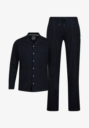 Navy blue pajama set featuring a long-sleeve button-up shirt with a pocket and matching pants with an elastic waistband and drawstring.