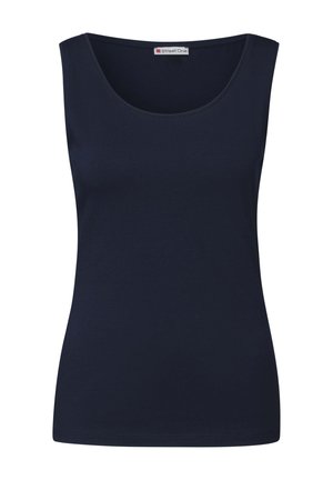 Navyblauw mouwloos topje gemaakt van zachte, rekbare stof; heeft een ronde halslijn en een aansluitend ontwerp. Geen zichtbare patronen of accenten.