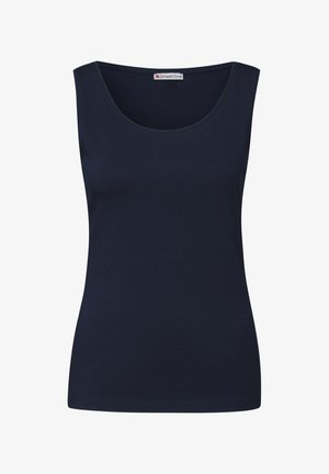 Navyblauw mouwloos topje gemaakt van zachte, rekbare stof; heeft een ronde halslijn en een aansluitend ontwerp. Geen zichtbare patronen of accenten.