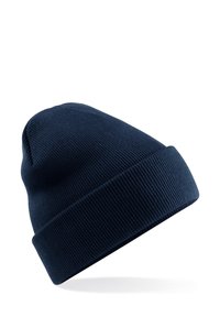 Navy blue knit beanie made of ribbed fabric, featuring a tapered top and a folded cuff for adjustable fit. Soft texture with minimal detailing.