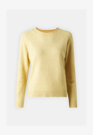 Geel gebreid sweatshirt met lange mouwen, geribbelde halslijn en onderrand, zachte textuur en een subtiel gemêleerd patroon. Klassieke pasvorm.