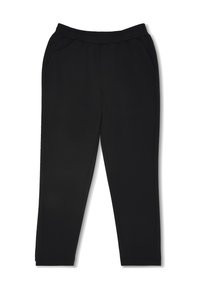 Zwarte, rechte broek van gladde stof met een elastische tailleband en zijzakken, met schone naden en zonder zichtbare patronen.
