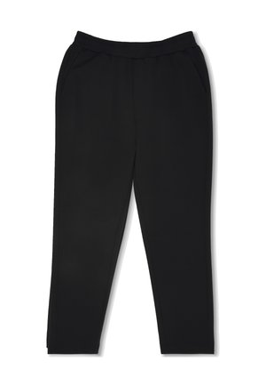 Zwarte, rechte broek van gladde stof met een elastische tailleband en zijzakken, met schone naden en zonder zichtbare patronen.