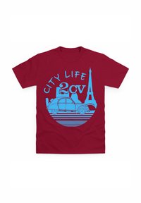 T-shirt color amaranto con design grafico blu di un'auto d'epoca e della Torre Eiffel, con il testo "CITY LIFE" e "2CV". Realizzato in morbido cotone.