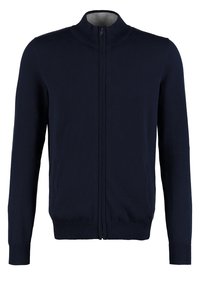 Marinblå zip-up cardigan gjord av mjukt tyg, med hög krage, ribbade ärmslut och två framfickor. Enkel, strömlinjeformad design.